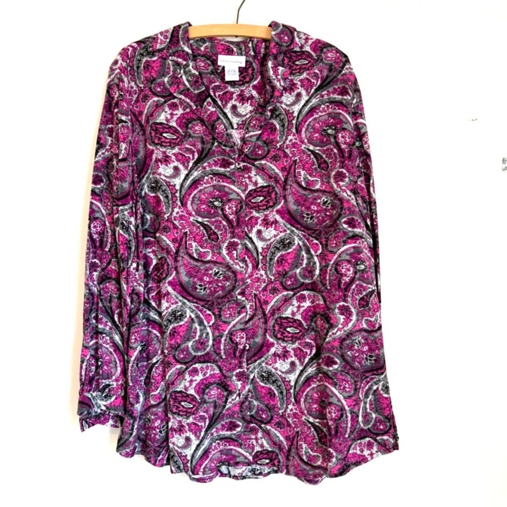 Soft Surroundings Paisley Print V-Neck Long Sleeve Top Blouse XL Pink Black